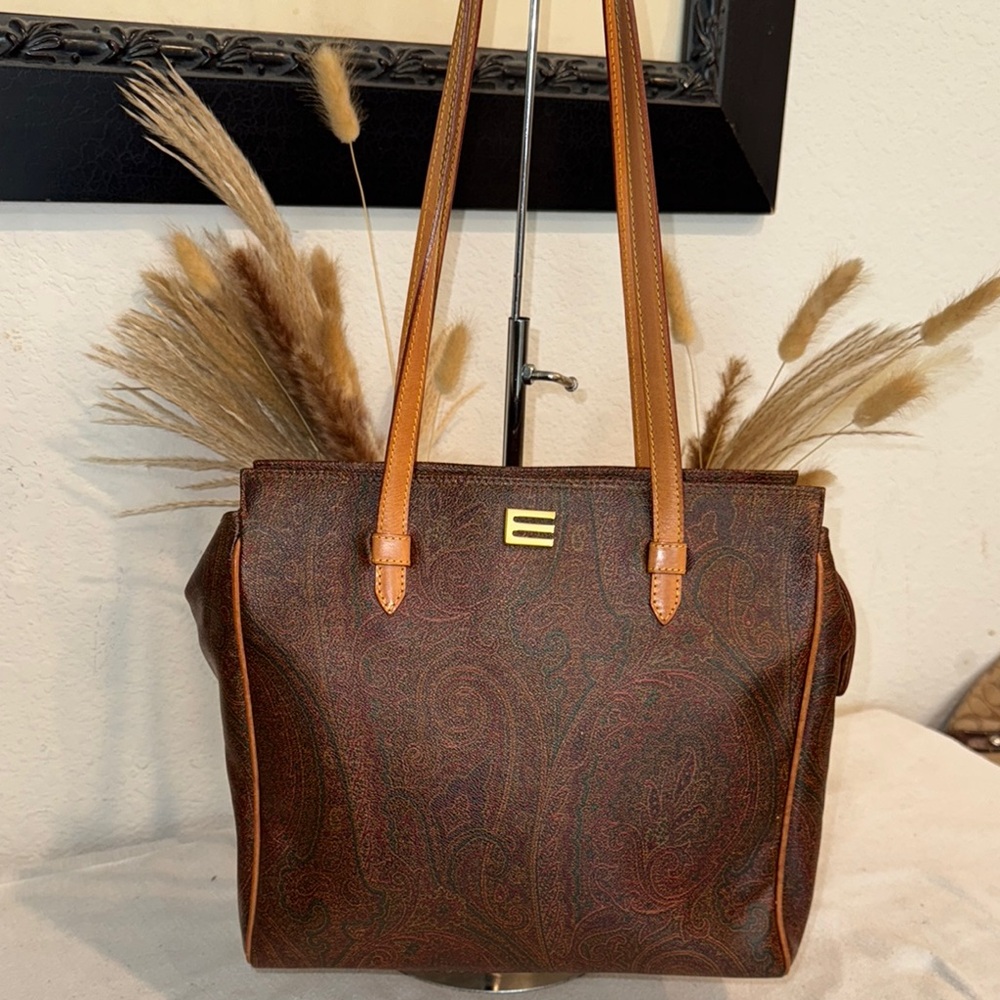 Authentic Etro Brown Leather Tote Bag with Structured Design